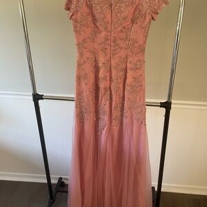 New gorgeous gown high illusion neckline short sleeve dusty rose